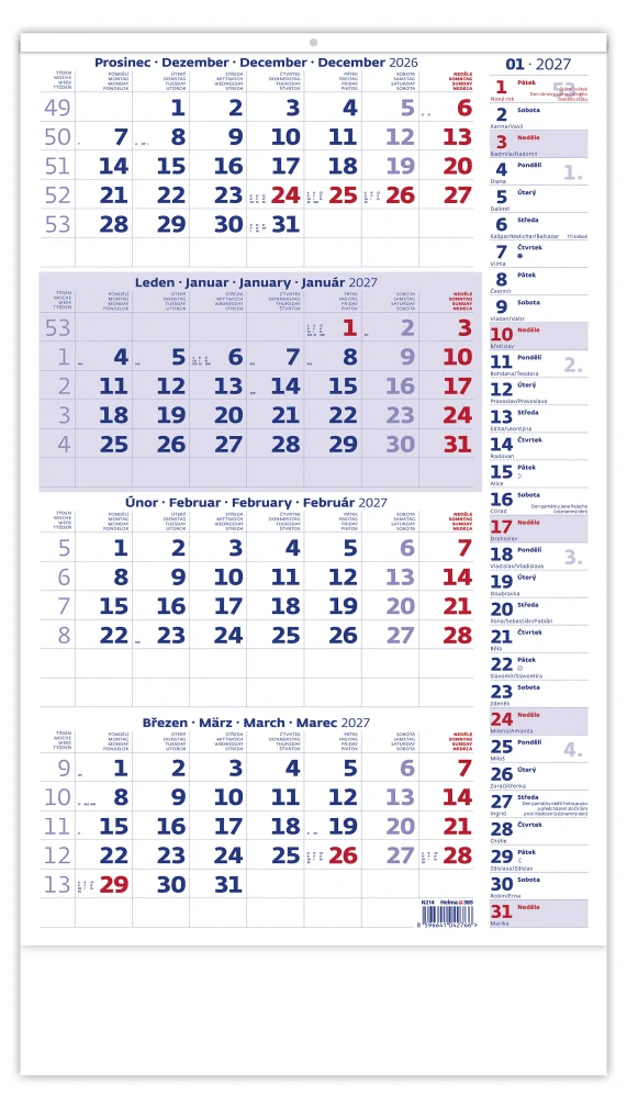 Kalendář nástěnný Čtyřměsíční s poznámkami modrý N214