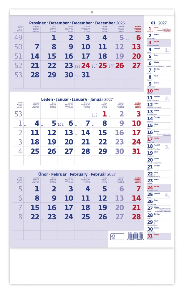 Kalendář nástěnný Tříměsíční s poznámkami modrý N211