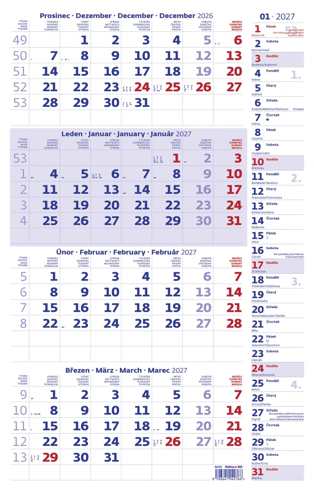 Kalendář nástěnný Čtyřměsíční s poznámkami modrý N214