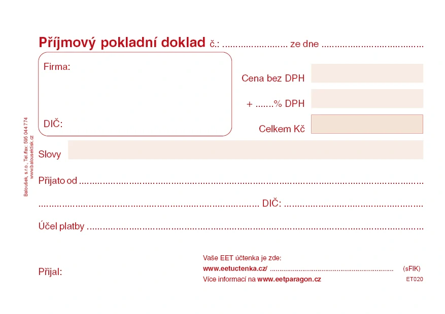 Příjmový pokladní doklad ET020