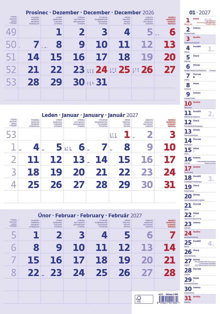 Kalendář nástěnný Tříměsíční s poznámkami modrý N211
